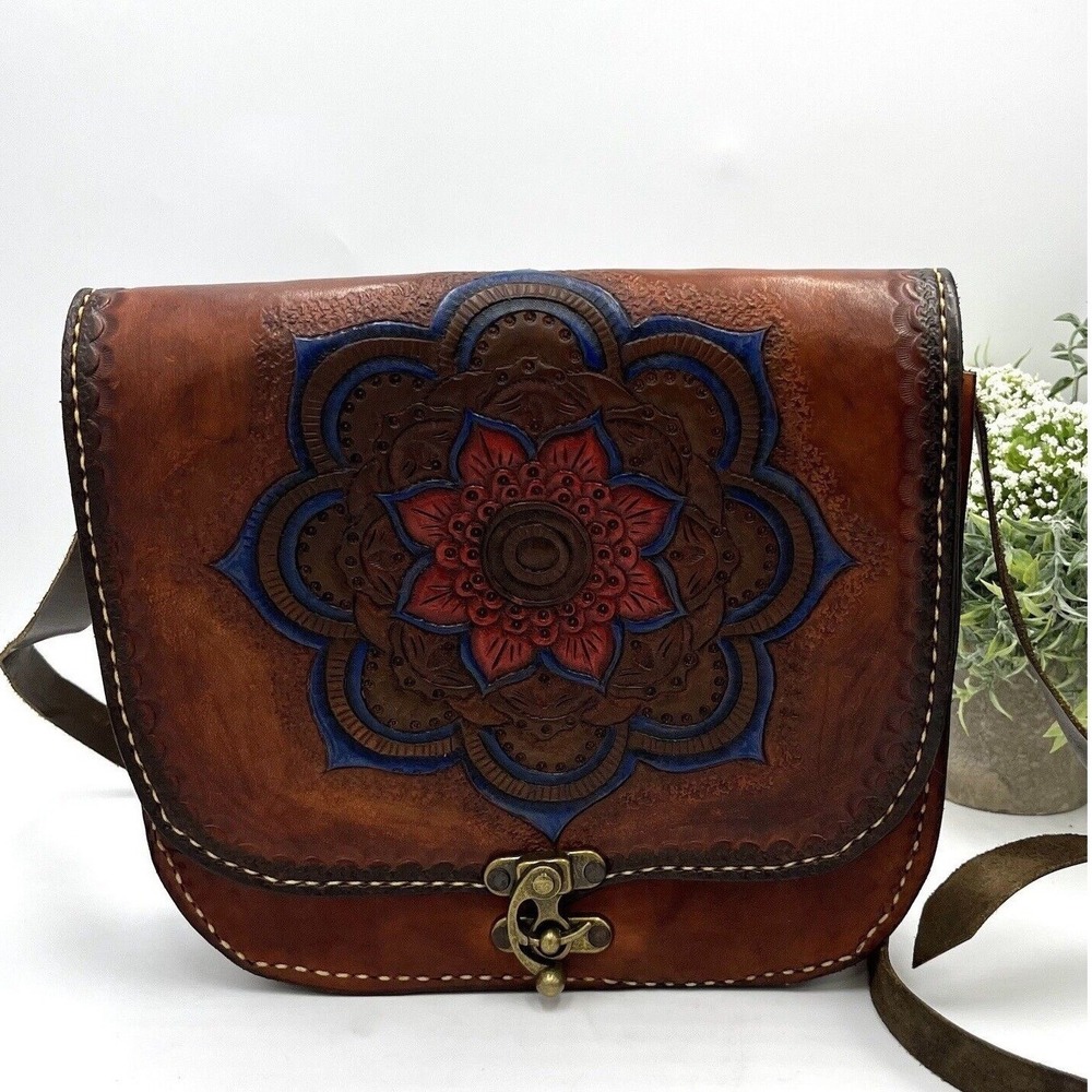 Tooled Brown Leather Mandala Vintage Saddle Boho Shoulder Bag Purse Y2k